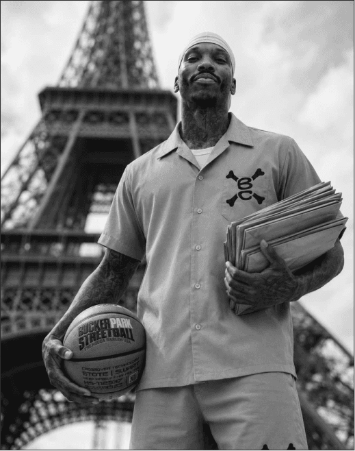 Bone Collector in Paris with basketball at the Eiffel Tower